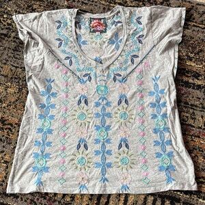 Johnny Was Gray Tee with Blue and Pink Embroidery